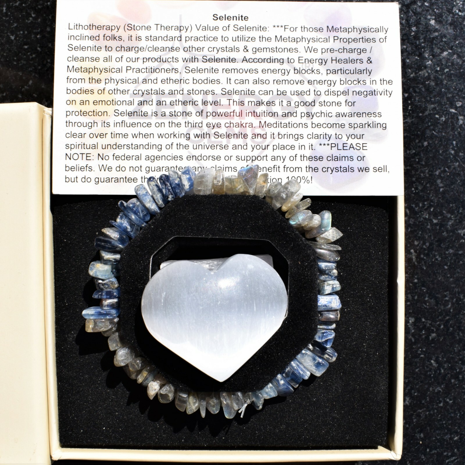 CHARGED Blue Kyanite Labradorite Crystal Chip Stretchy Bracelet + Selenite Heart