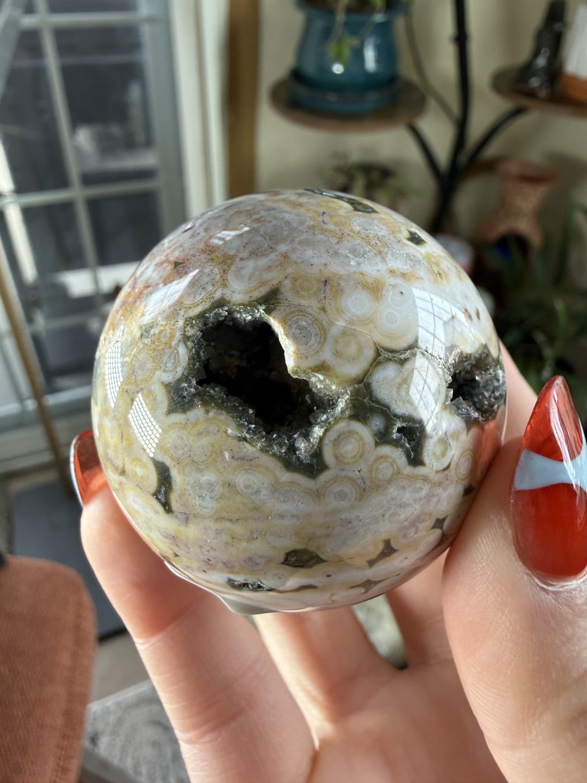 8th Vein Ocean Jasper Sphere – Pink, Green, Gold & White – Druzy Caves – 5.47 oz