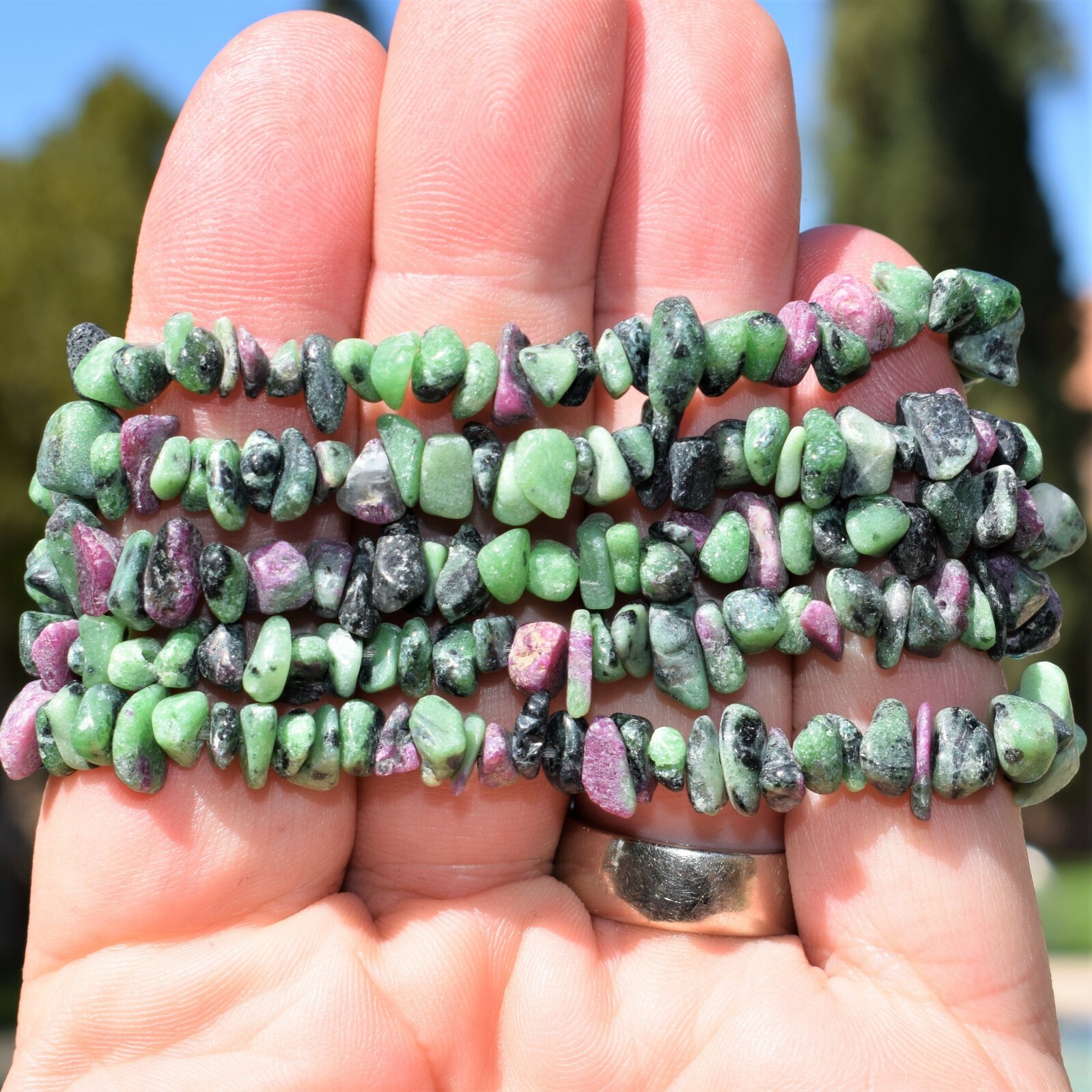 Premium Natural Ruby Zoisite Crystal Chip Stretchy Bracelet + Selenite Heart