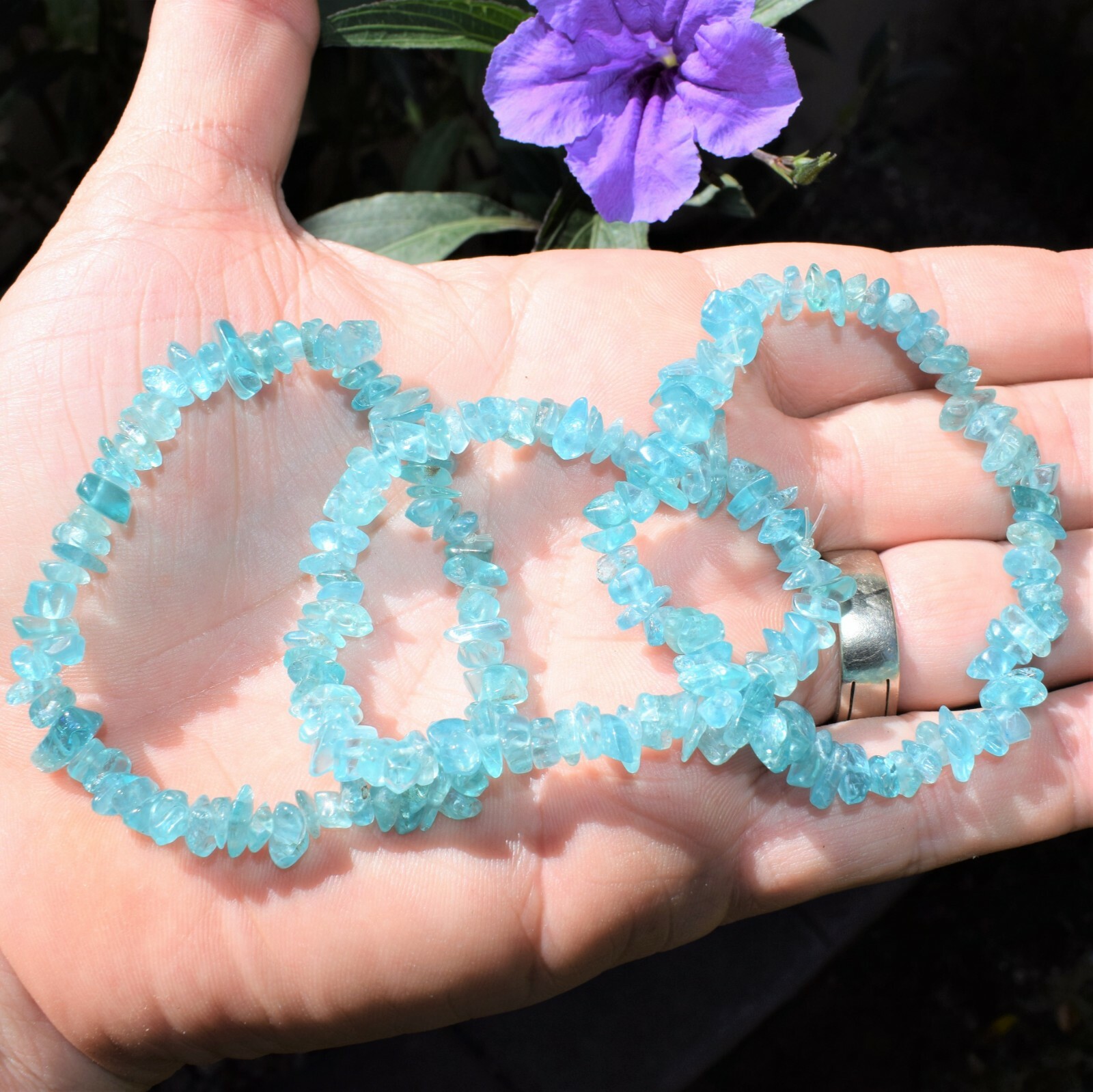 CHARGED Blue Apatite Crystal Chip Bracelet Polished Stretchy ENERGY REIKI