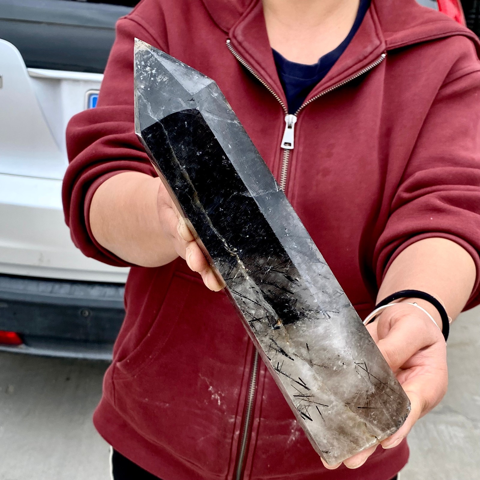 3.4LB Natural Black Hair Quartz Obelisk Crystal Energy Point Wand Reiki Decor