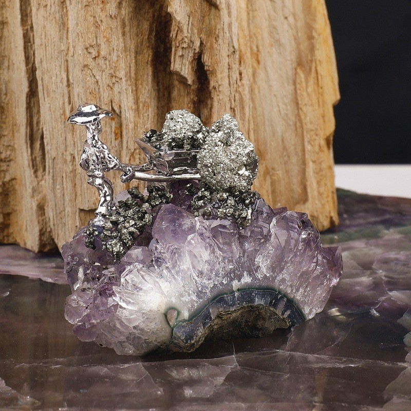 Natural Amethyst Cluster with Alloy Miner Figurine Home Decor Ornament 1PCS