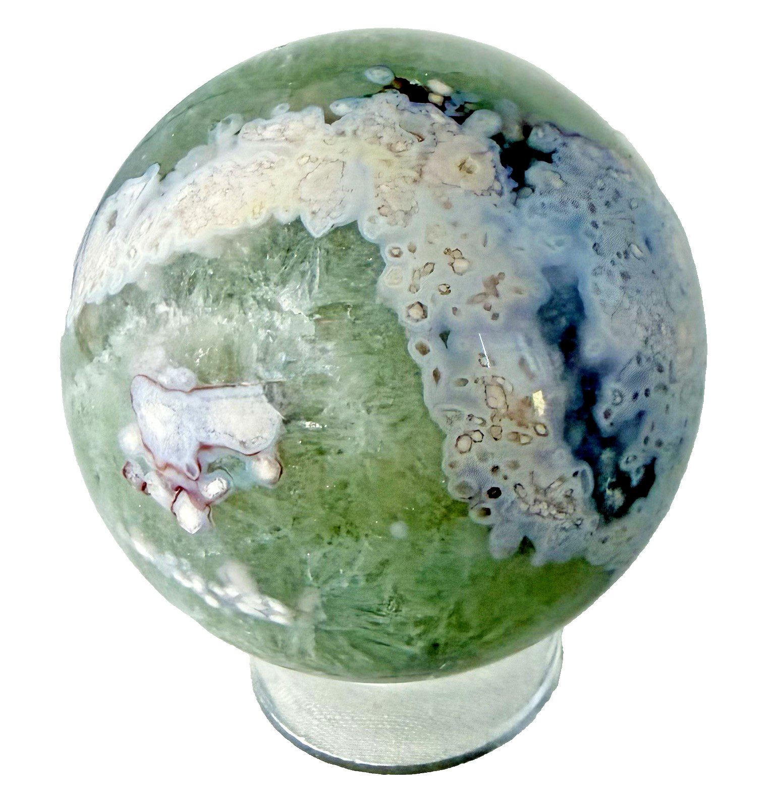 738g Beautiful Fluorite Crystal Sphere With Unique UV Pattern Reactions W/Holder