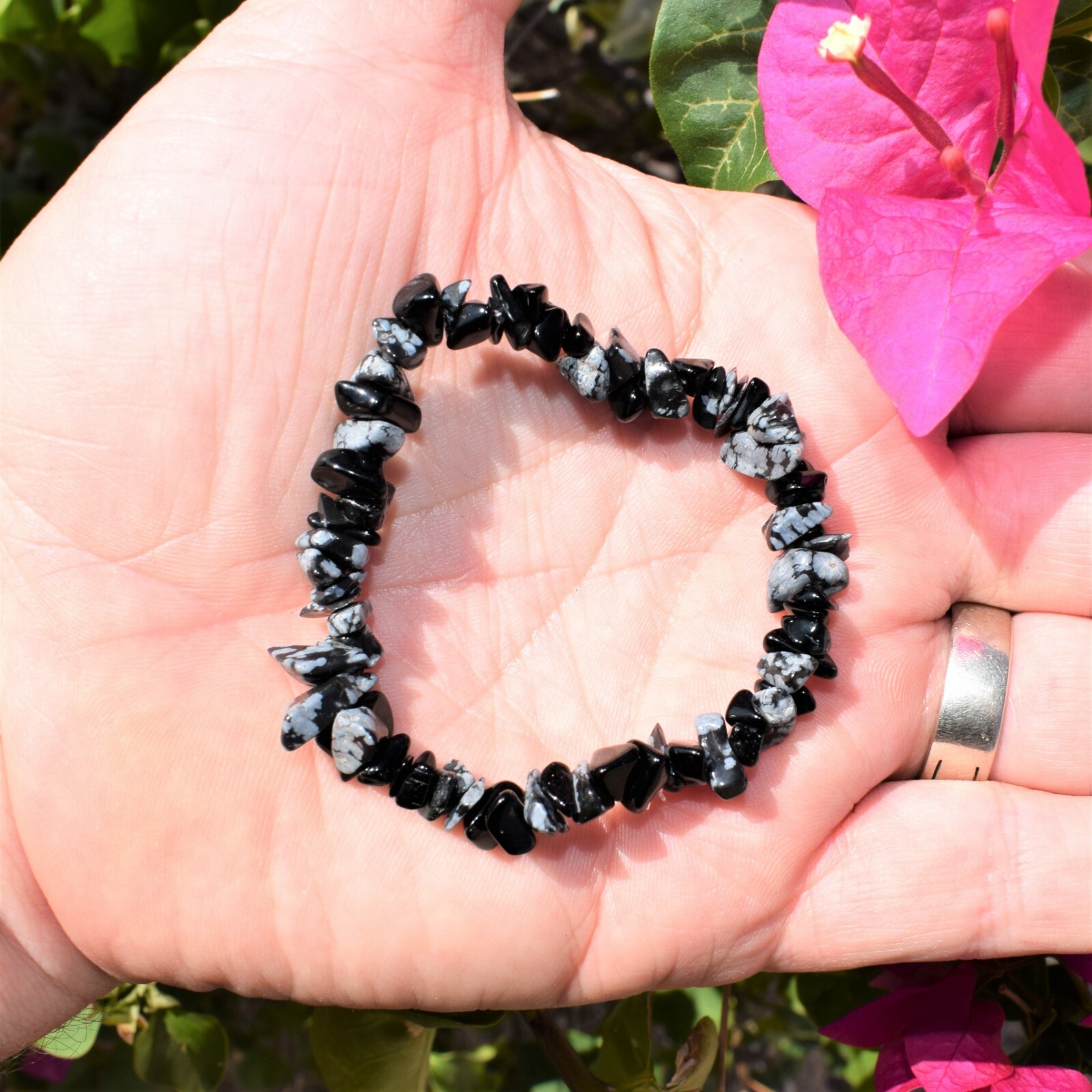 Charged Snowflake Obsidian Crystal Chip Bracelet + Selenite Puffy Heart