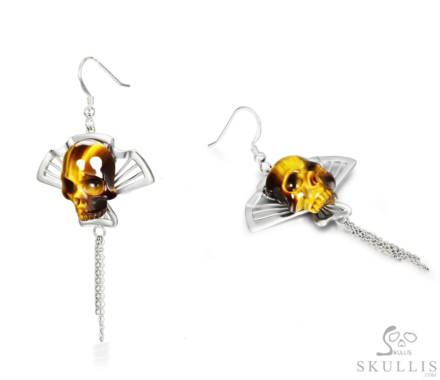 Gemstone Gold Tiger Eye & 925 Sterling Silver Carved Crystal Skull Earrings