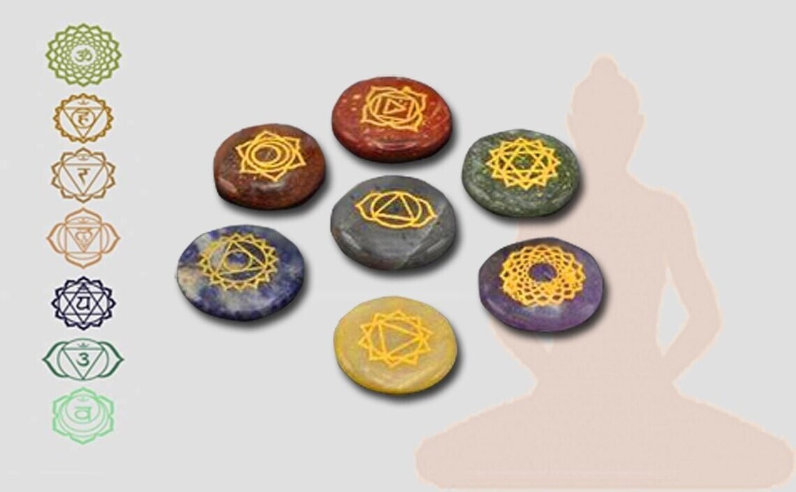 7 Chakra Round Palm Smooth Stone Set, Engraved Chakra Symbol, Crystal Palm Stone