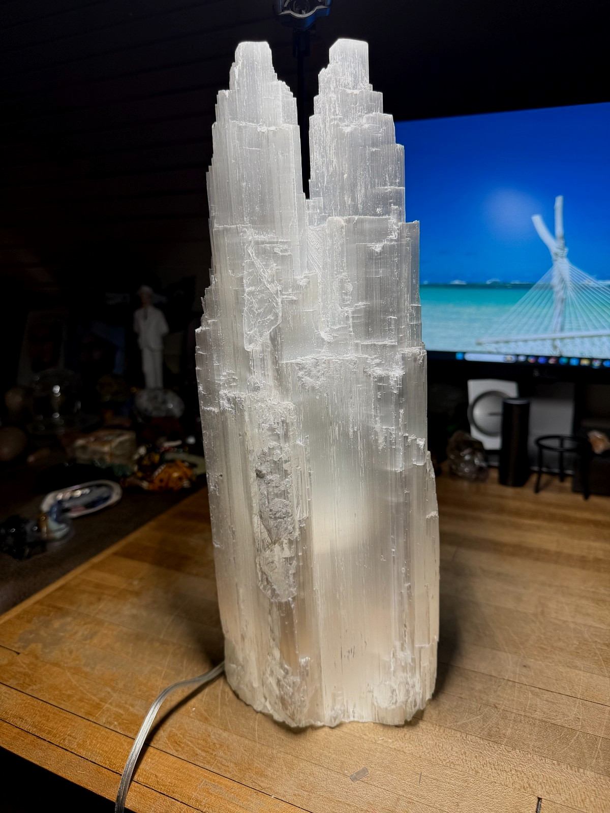 Selenite Crystal Mineral Gemstone DBL Tower Hand Carved Lamp Specimen 333