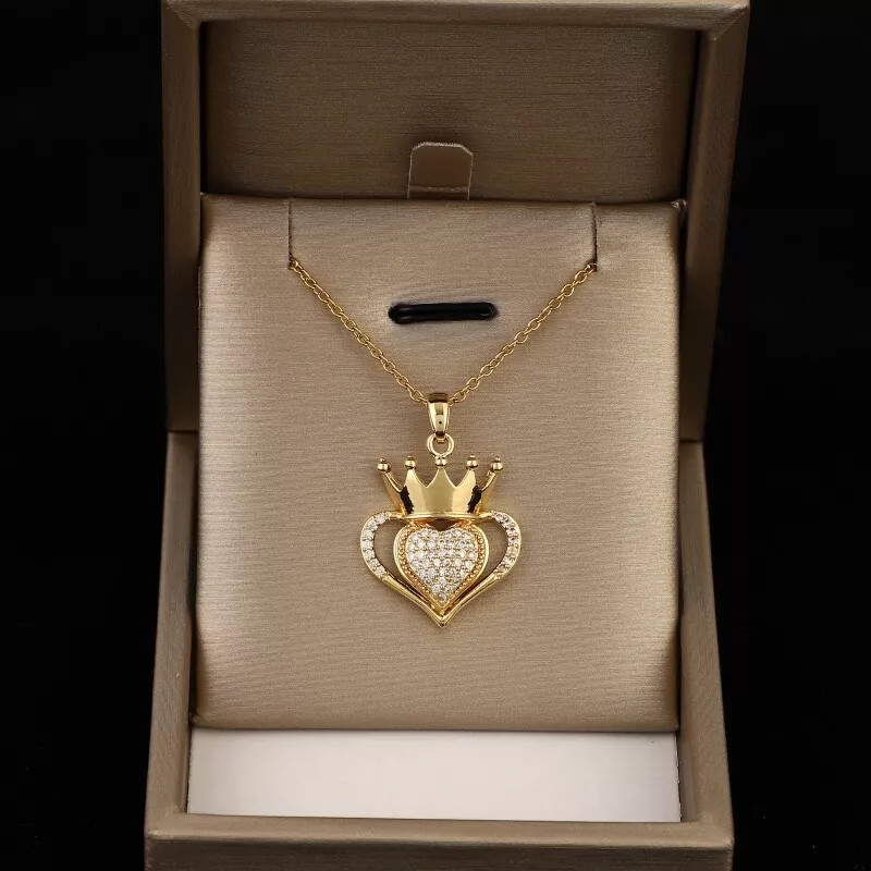 Women’s Fashion Jewelry Cubic Zircon Gold Heart Crown Pendant Necklace 1PC
