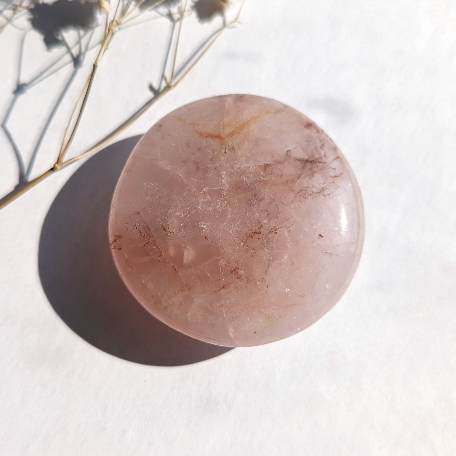 1.5″ rose quartz flat disk with iron inclusion, rose quartz crystal flat stone