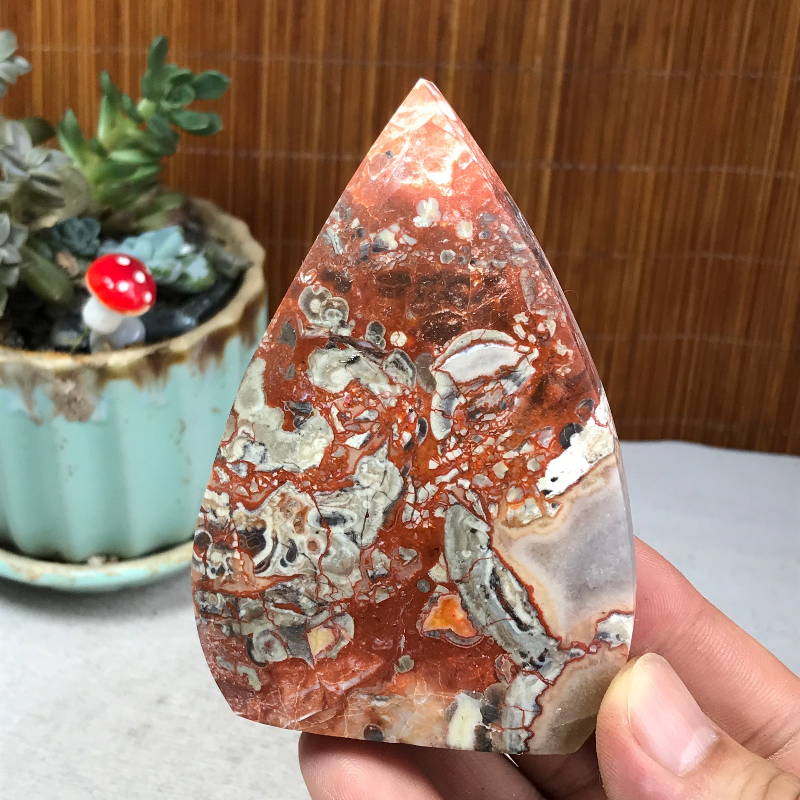 Natural money Mexico agate hand carve leaf Crystal Specimen free standing A6257