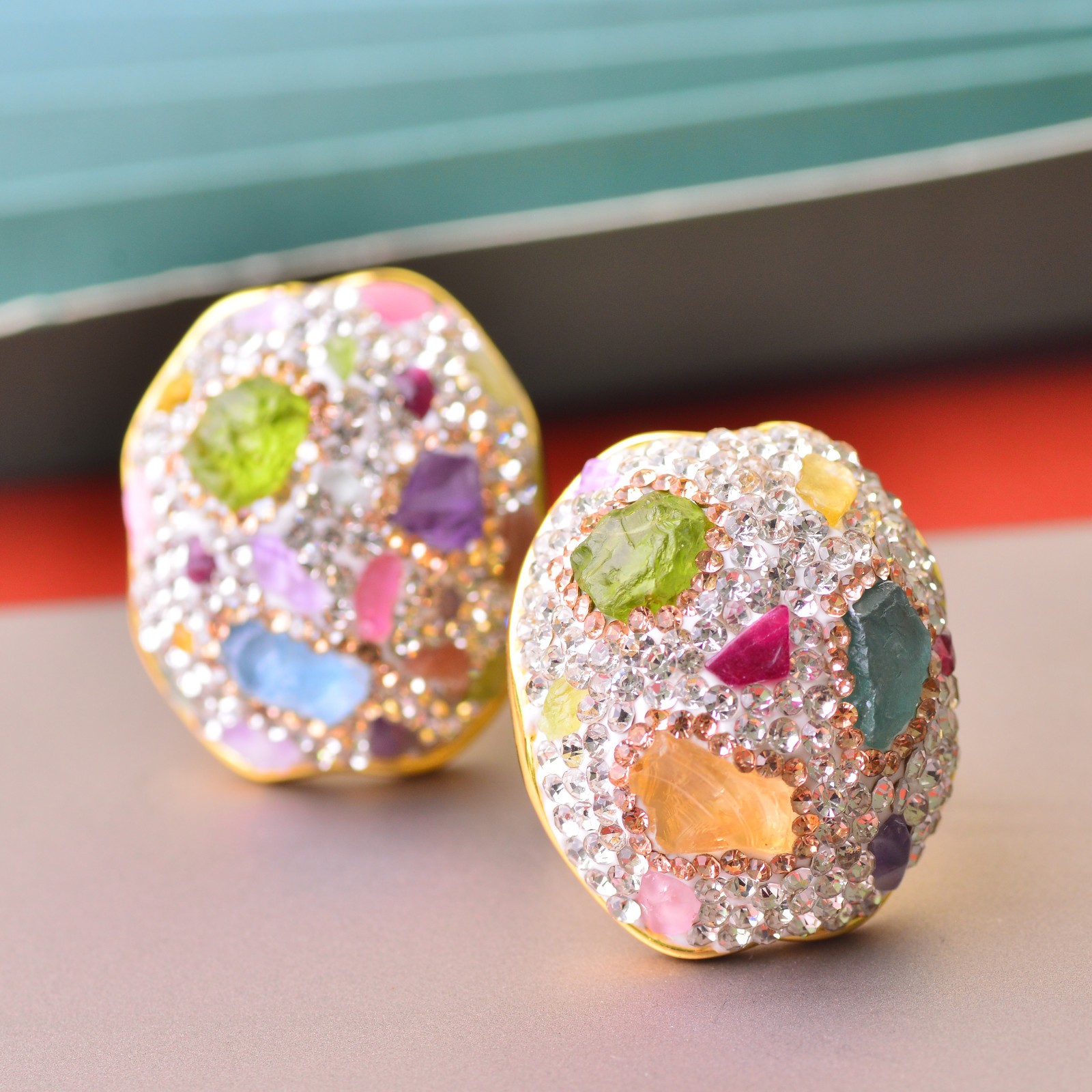 Crystal-encrusted gemstone ring alloy inlaid with handmade Energy Crystal