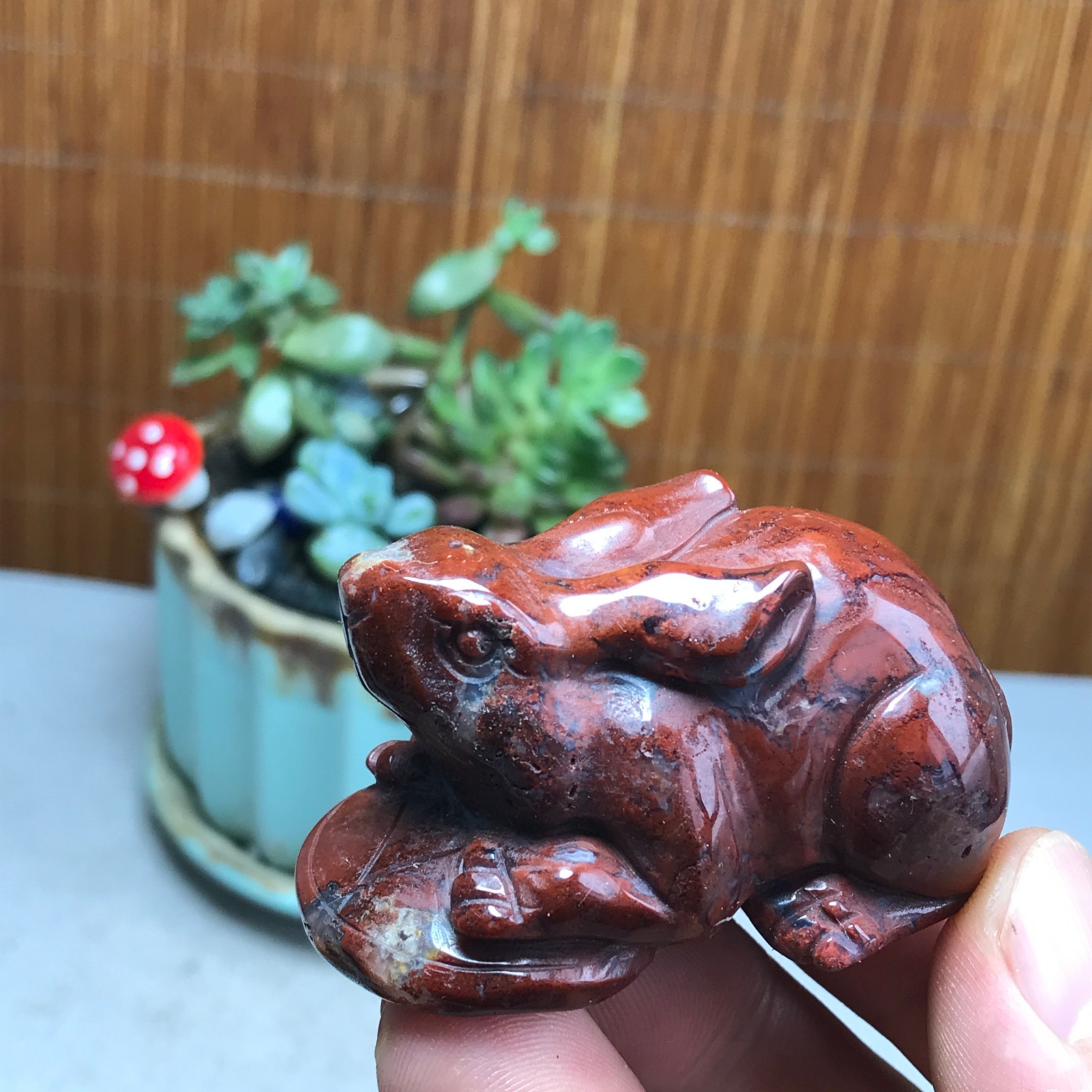 Natural bloodstone carve Rabbit & Copper Coin Figurine, Feng Shui Wealth Luck 82