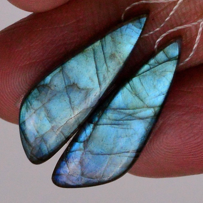 18Cts Natural Labradorite Gemstone Cabochon Side Drill Earrings 25x6mm #P2720