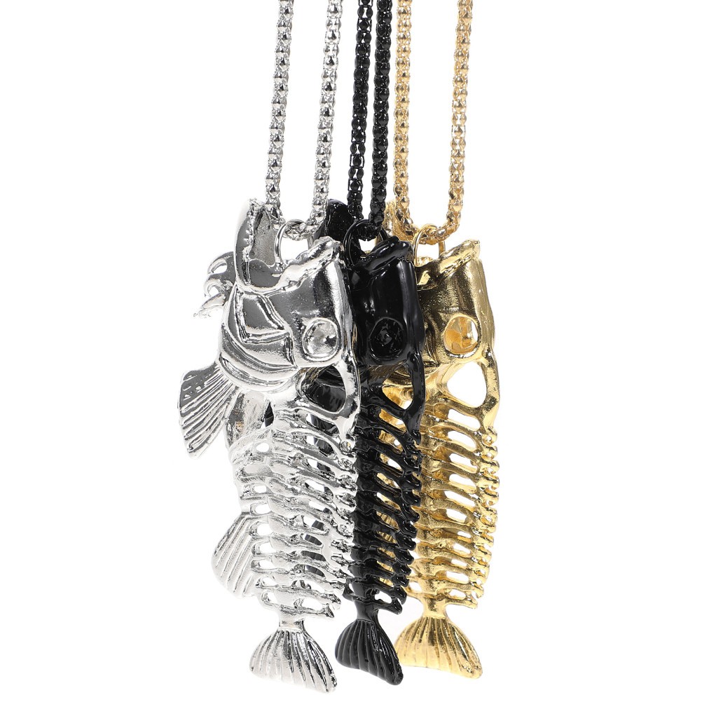 3Pcs Durable Fish Bone Necklace Fishing Hook Surfer Chain Alloy Stainless Steel