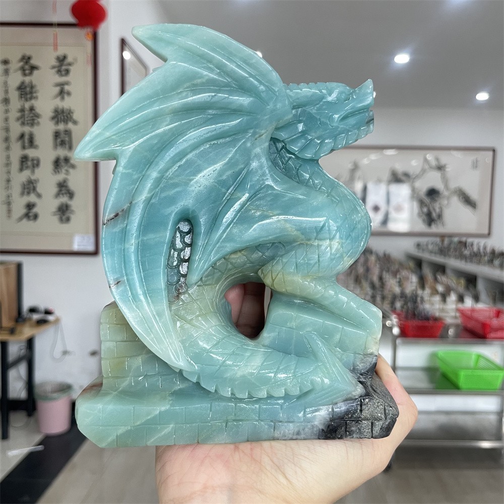 3.2LB 6.3″ A++Natural Amazonite Castle Flying Dragon Carved Crystal Statue Decor