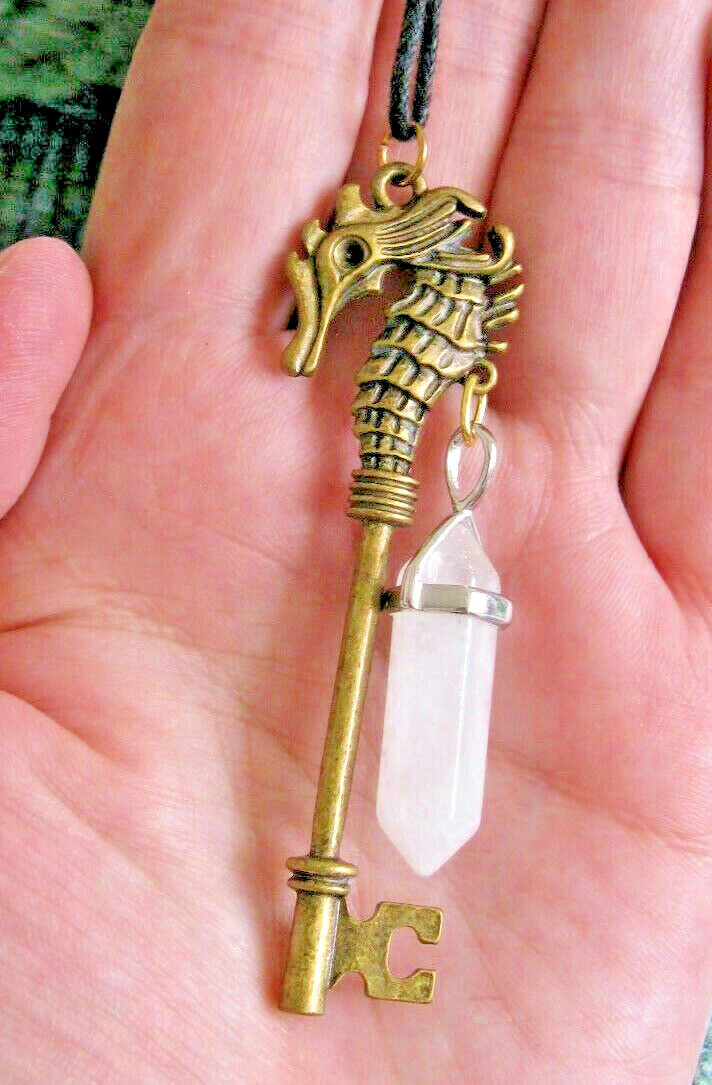 NEW RUSTIC OLD WORLD STYLE SEAHORSE KEY CORD PENDANT W/ NATURAL QUARTZ POINT