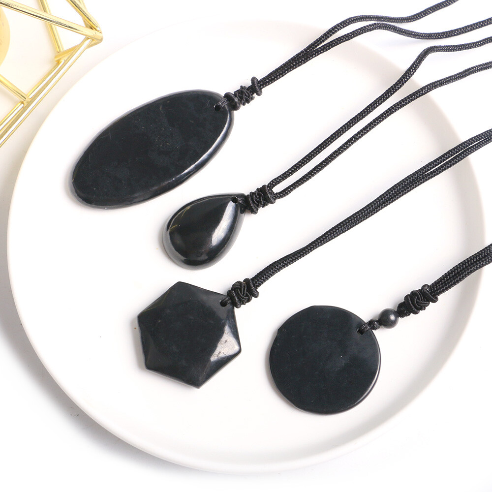 Shungite Stones Crystal Necklace Rope Pendant Reiki Healing Protection EMF Gift