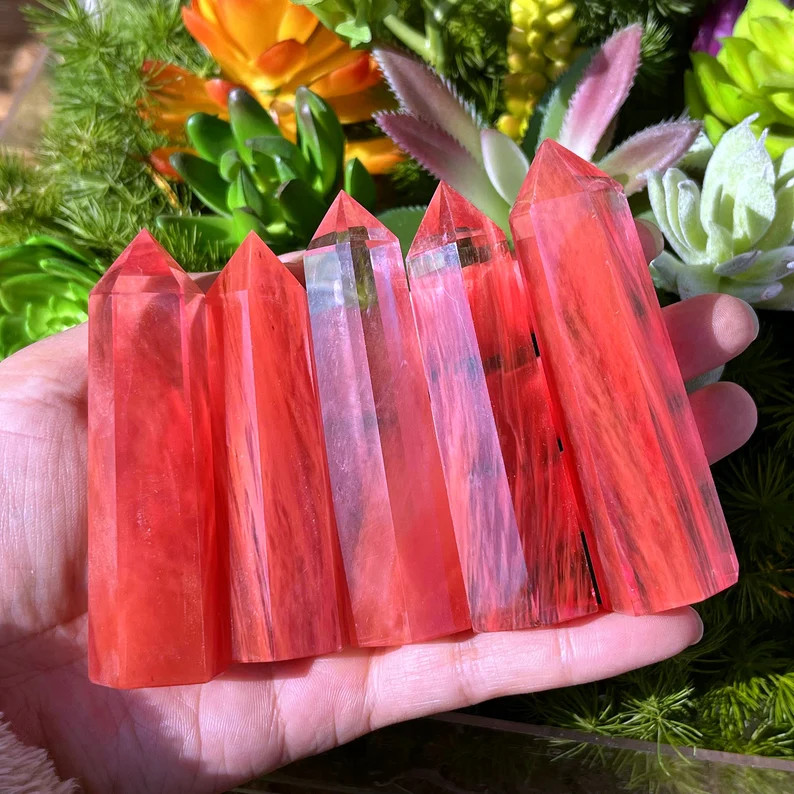 Red Smelting Quartz Healing Crystal Tower Point Wands Obelisk Home Decor Gifts