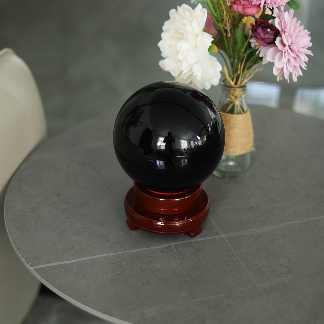 LONGWIN 200MM Black Crystal Ball Meditation Glass Sphere Photo Prop Free Stand