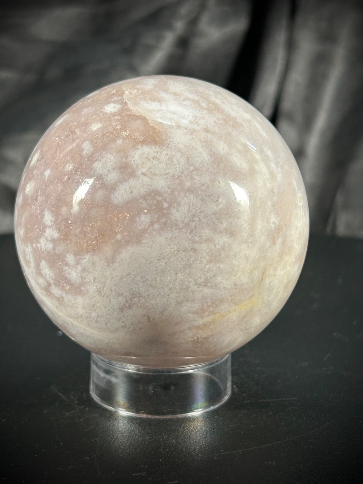 2.5″ Pink Amethyst & Flower Agate Sphere With Acrylic Stand 12.6oz (357 Grams)