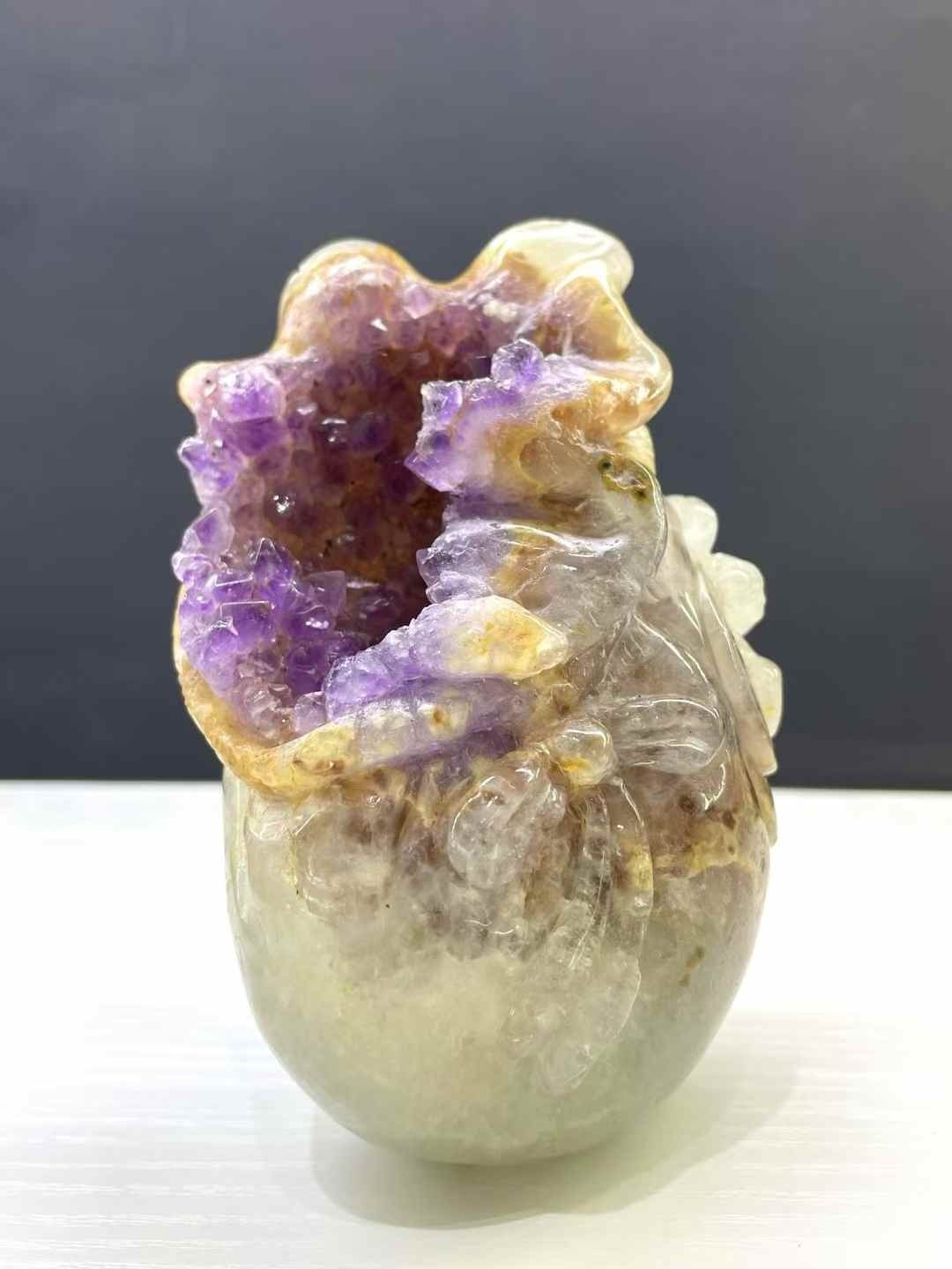1pc Natural Amethyst Agate Geode Quartz Carved Money Bag Crystal Reiki Decor