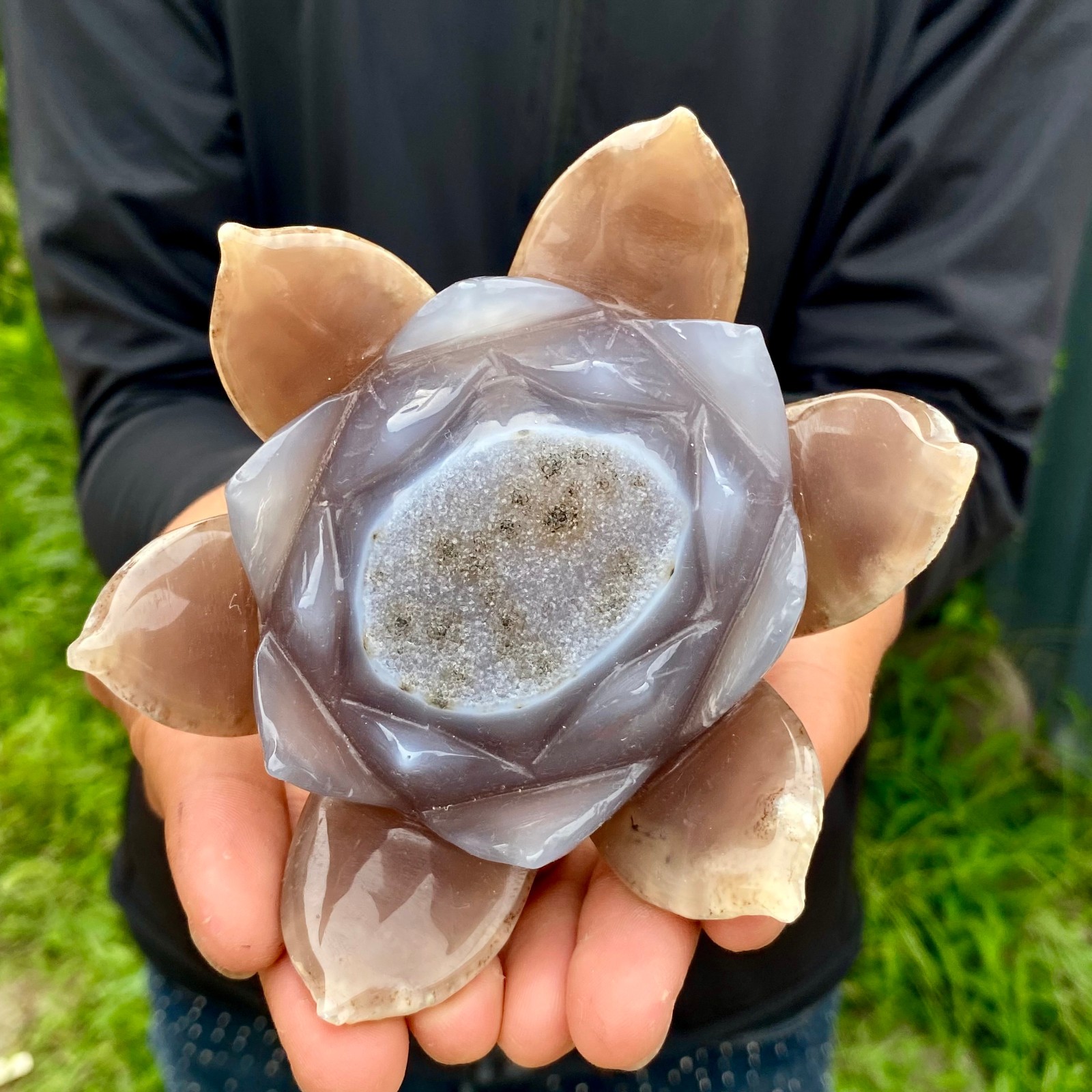 343G Natural Agate Geode Carved Lotus Flower, Hand Carved Healing Crystal Home