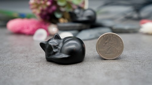 Obsidian Crystal Sleeping Cat Carving Stone Healing Protection Pet Trinket Decor