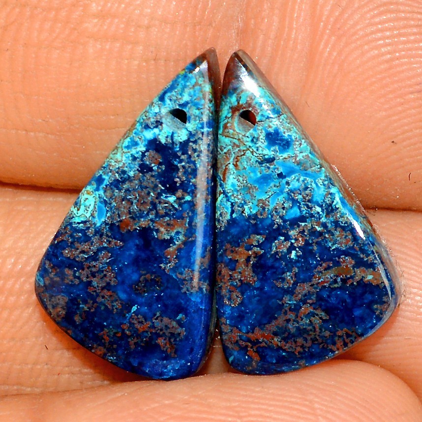 18 Ct Natural Azurite Shattuckite Cabochon Stone Front Drill Pair 19x10mm #P1360