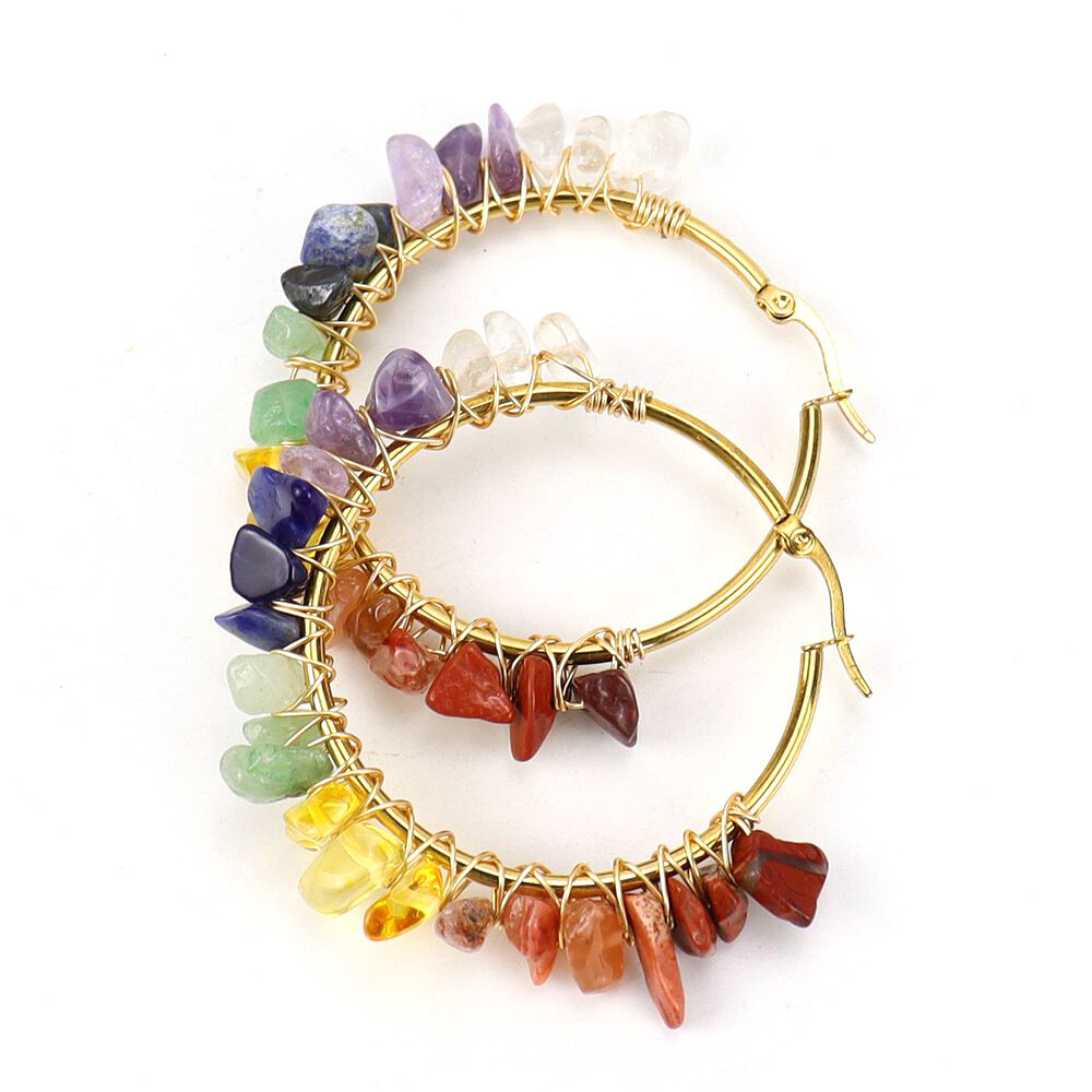 Wire Wrapped Crystal Chips Earrings Natural Stone Gravel Round Circle Jewelry