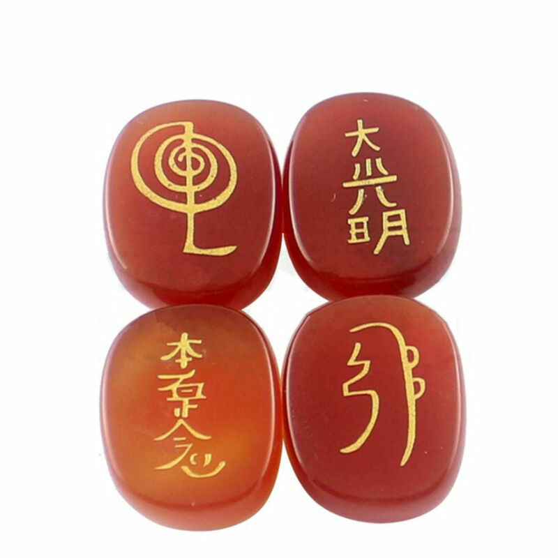4pcs/Set 7 Chakra Palm Stone Set Engraved Usui Symbols Reiki Crystal Stones