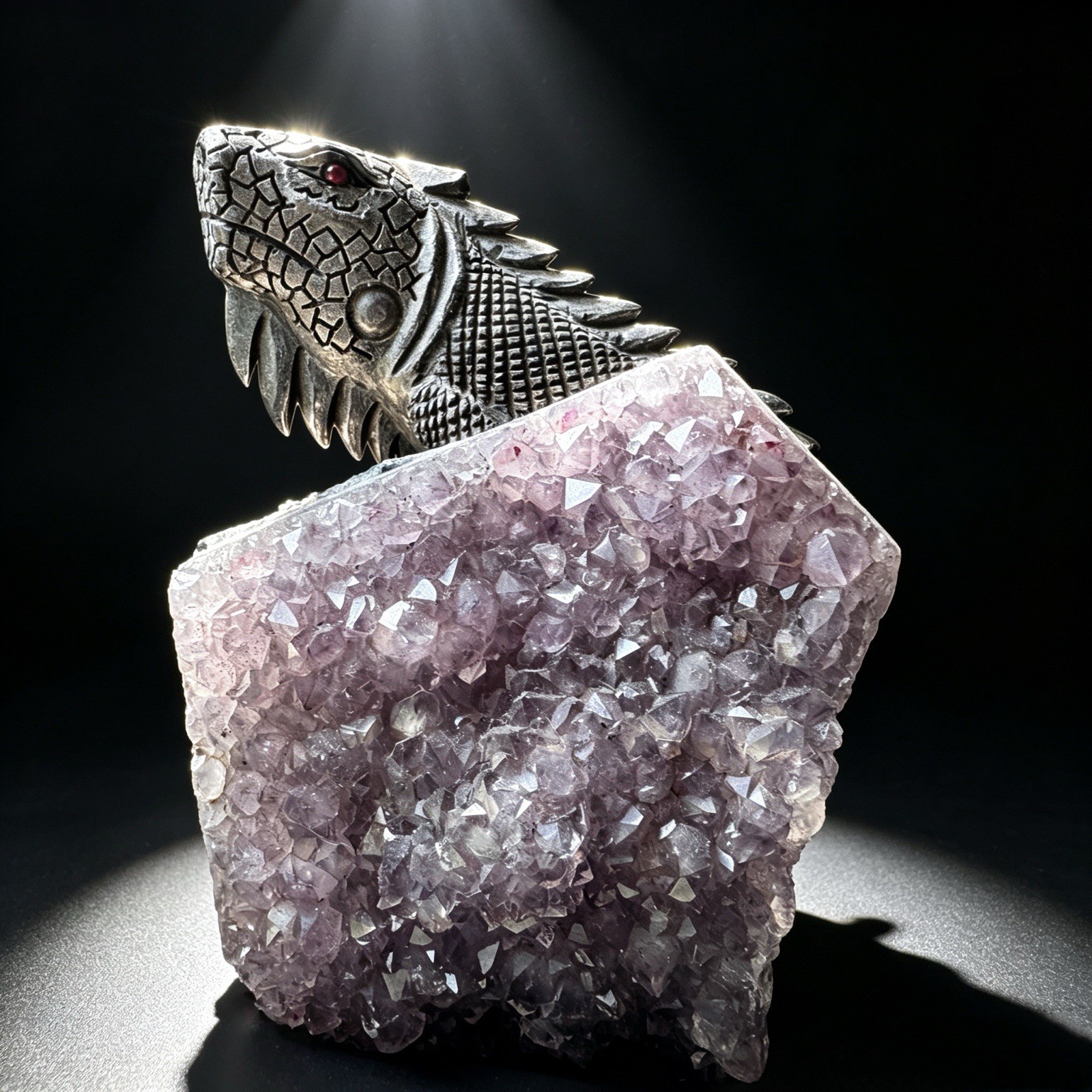 Hand Carved Amethyst Cluster Lizard Figurine Natural Crystal Reptile Sculpture