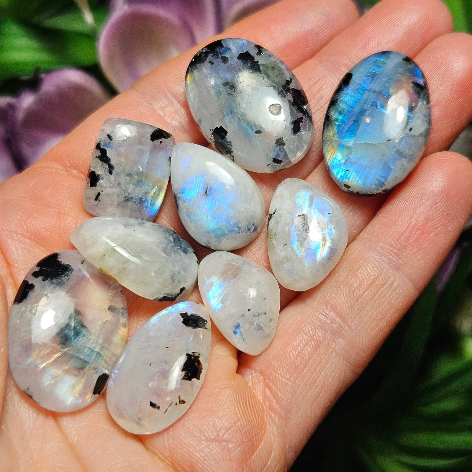 Rainbow Moonstone & Black Tourmaline Cabochon