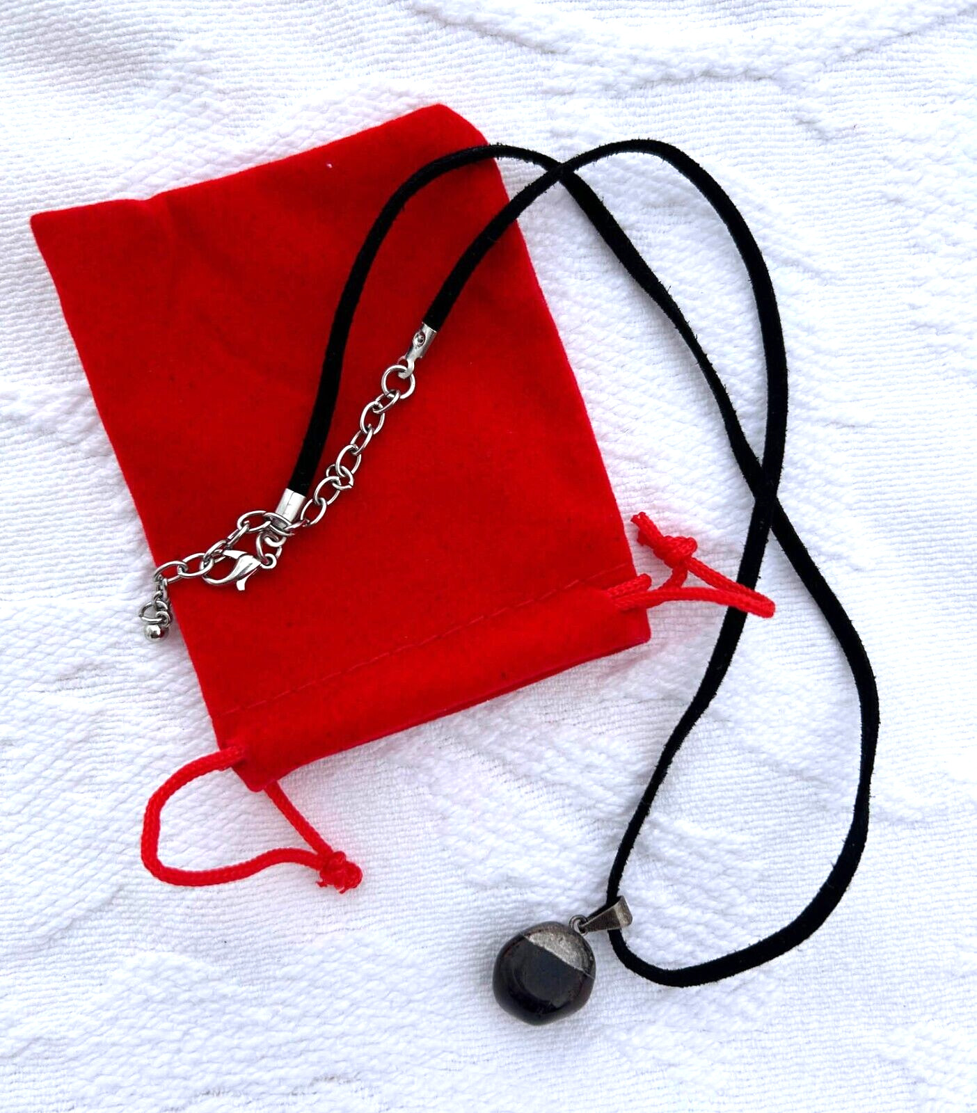 small 1/2″ Black Tourmaline Tumbled Stone Pendant necklace 21″ w. suede ribbon