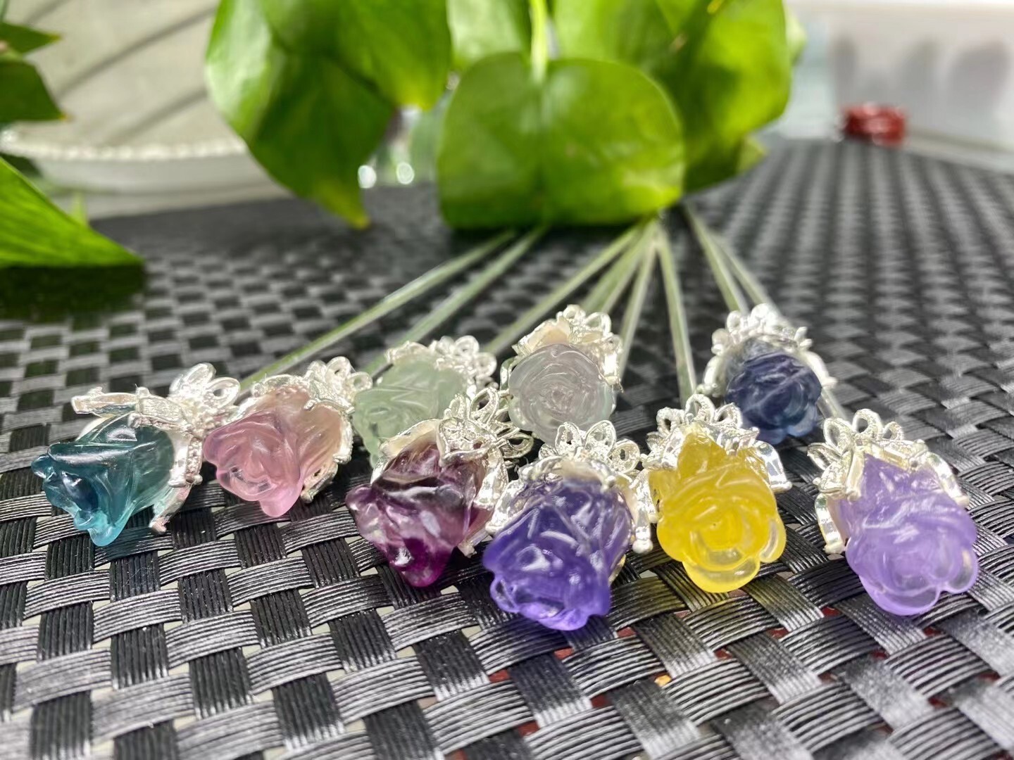 5PC Natural Mix fluorite quartz crystal rose flowers carved reiki healing random