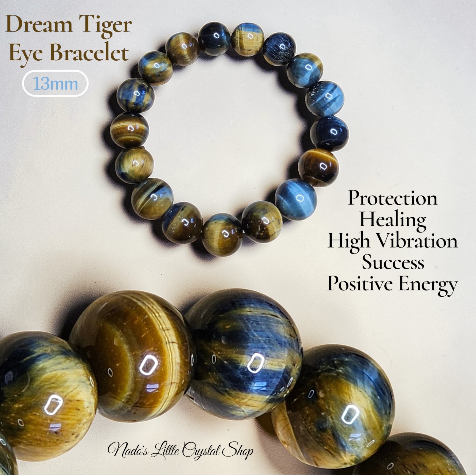 Dream Tiger Eye Crystal Bracelet 13mm Reiki Healing Energy Protection
