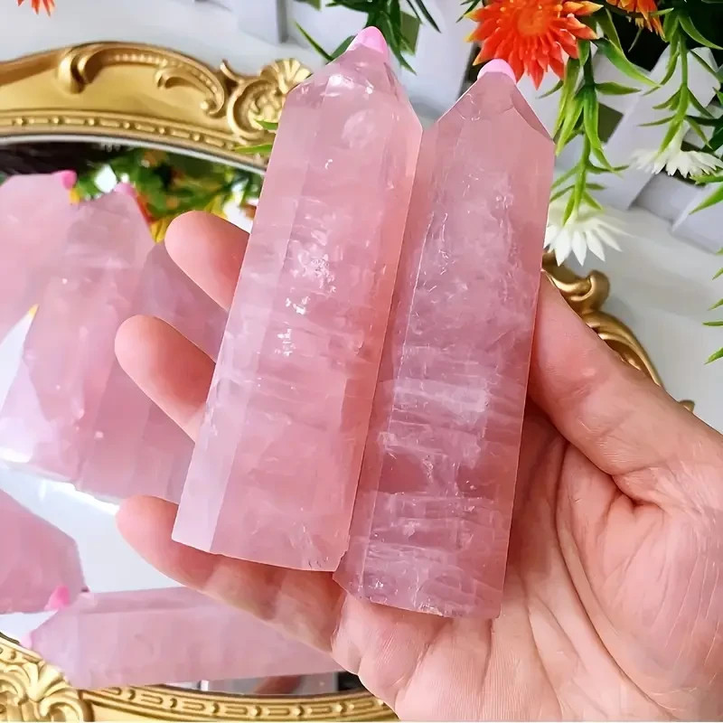 Natural Rose Quartz Tower Point Healing Energy Crystal Obelisk Wand Gifts
