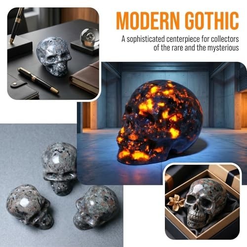 Natural Yooperlite Stone Skull Sculpture 2″ UV-Reactive Quartz Halloween Decor,