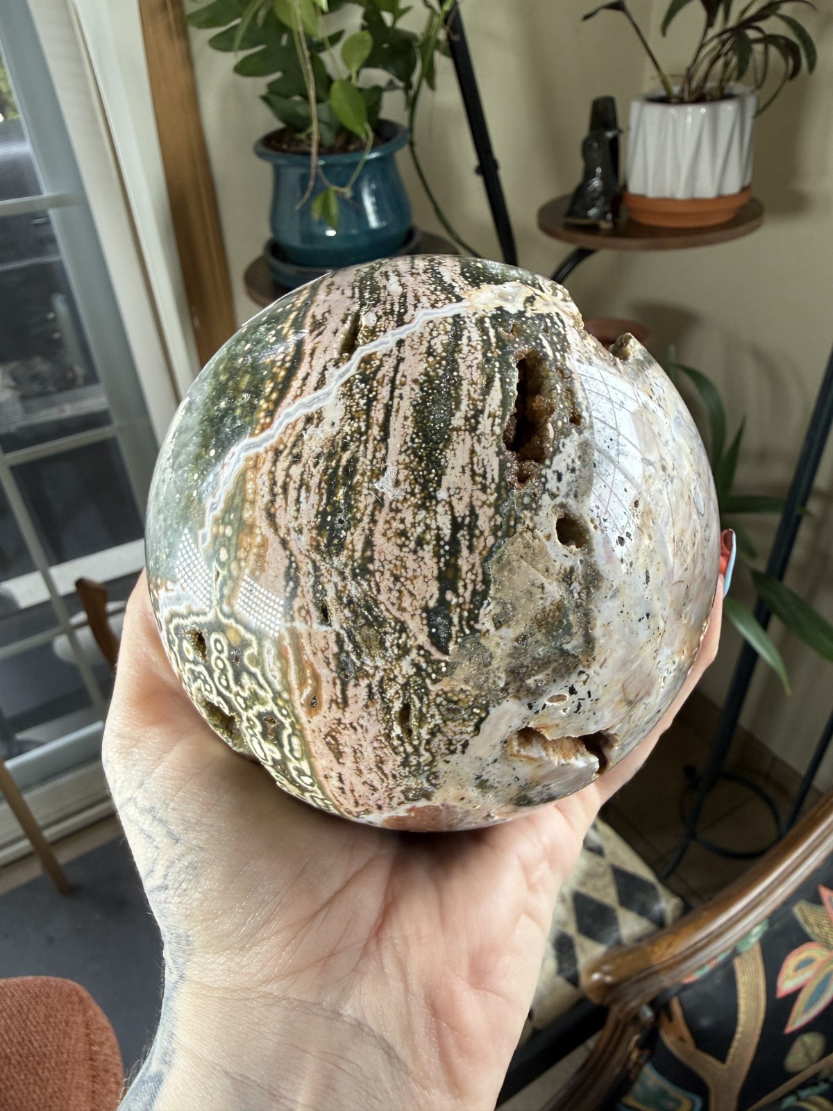 8th Vein Ocean Jasper Sphere – Druzy Pockets – Green, Pink, White – 3.69lbs