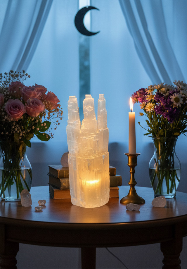 XX-LARGE SELENITE CRYSTAL TRIPLE TOWER LAMP – STANDING DISPLAY HEALING CRYSTAL