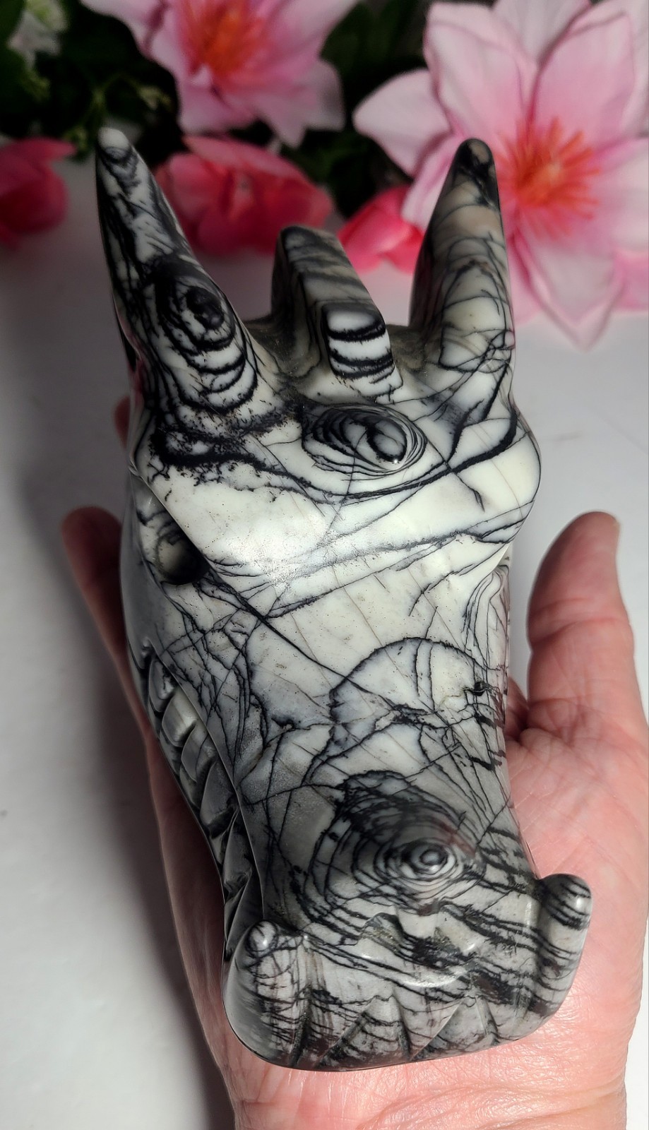 6″ 2.2 lb Elegant Picasso Jasper Dragon Head Skull Crystal Carving Stone Statue