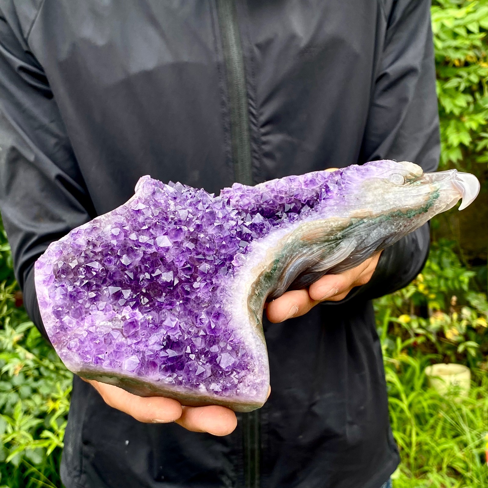 2.2LB Natural Banded Agate Geode Eagle Head Hand Carved Stone Ornament for Coll