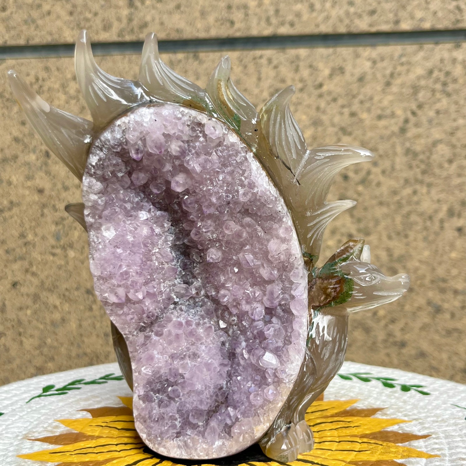 2.5 lb Unique Agate Geode Druzy Fox Carving Crystal Animal Collectible Art