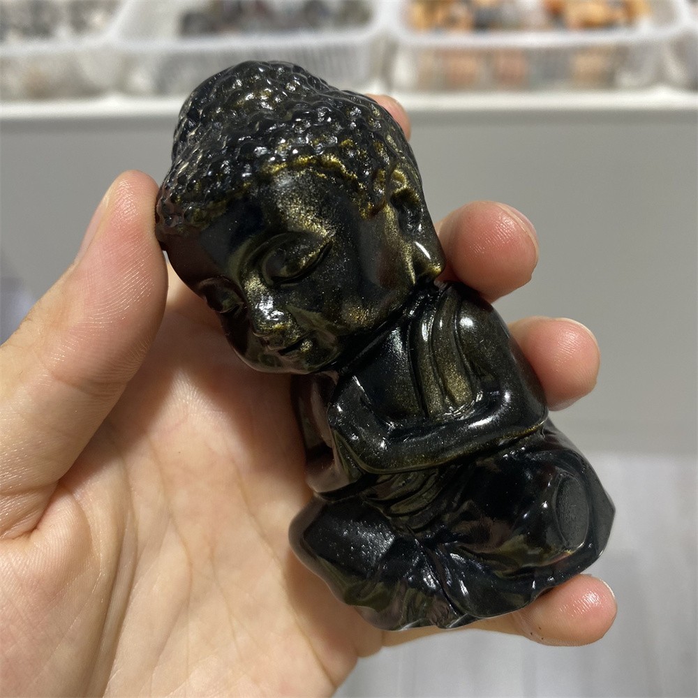 0.3LB 3.1″Natural A+Golden Obsidian Buddha Statue Crystal Reiki Carving Decor