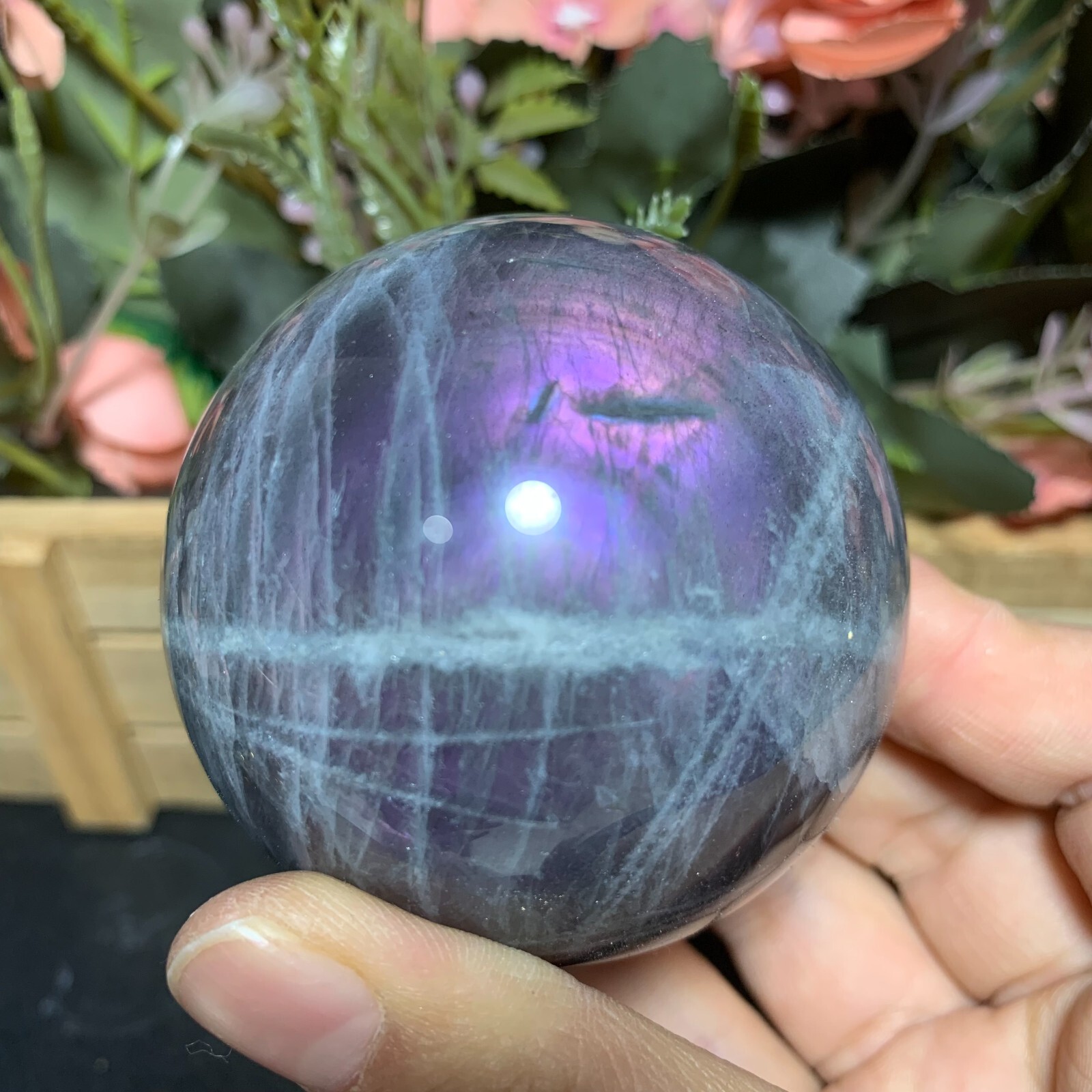 330g Natural Gold Purple Labradorite Sphere Crystal Ball Healing Energy 61mm