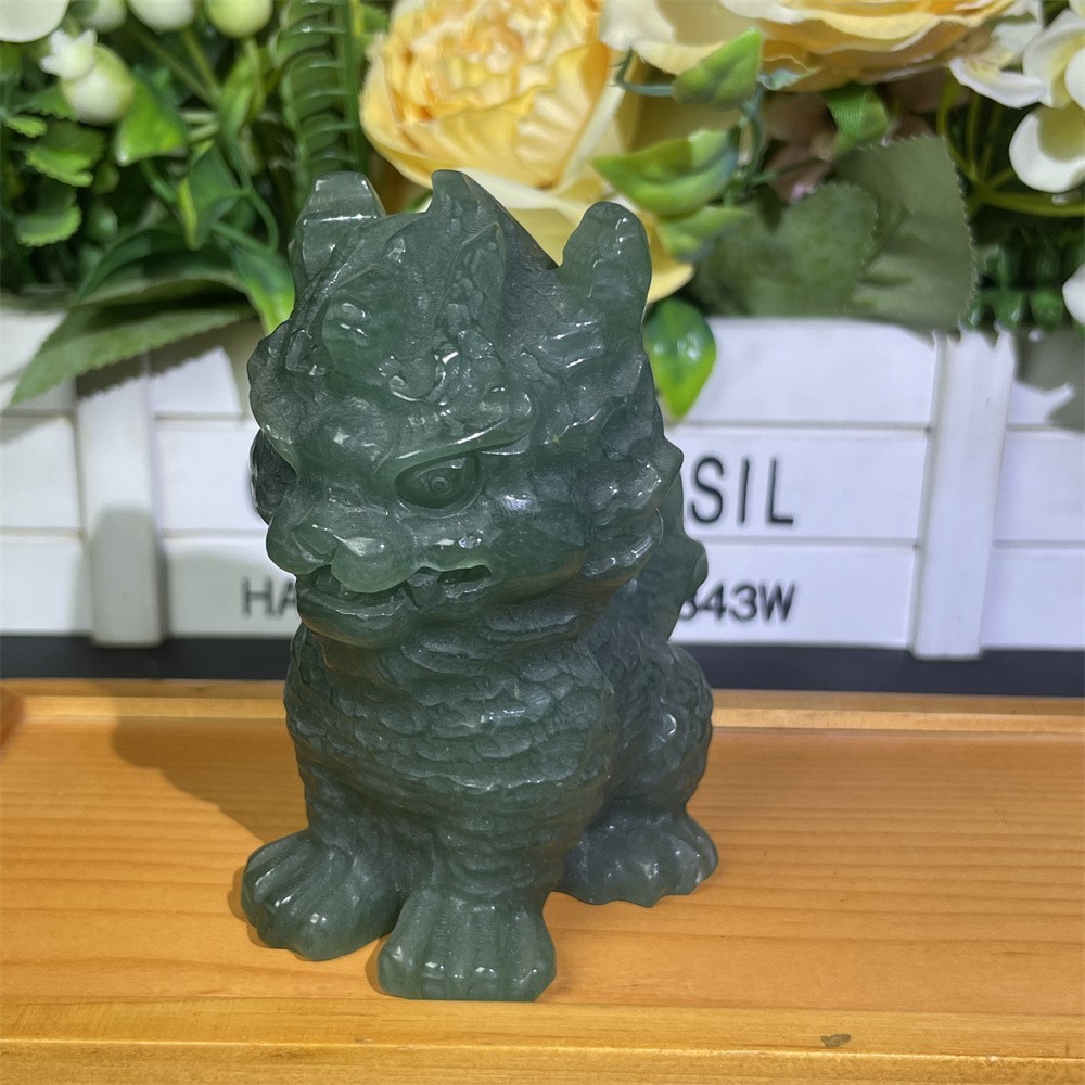 0.8LB 3.7″Natural Green Aventurine Qilin Hand Carved Crystal Mineral Figurine
