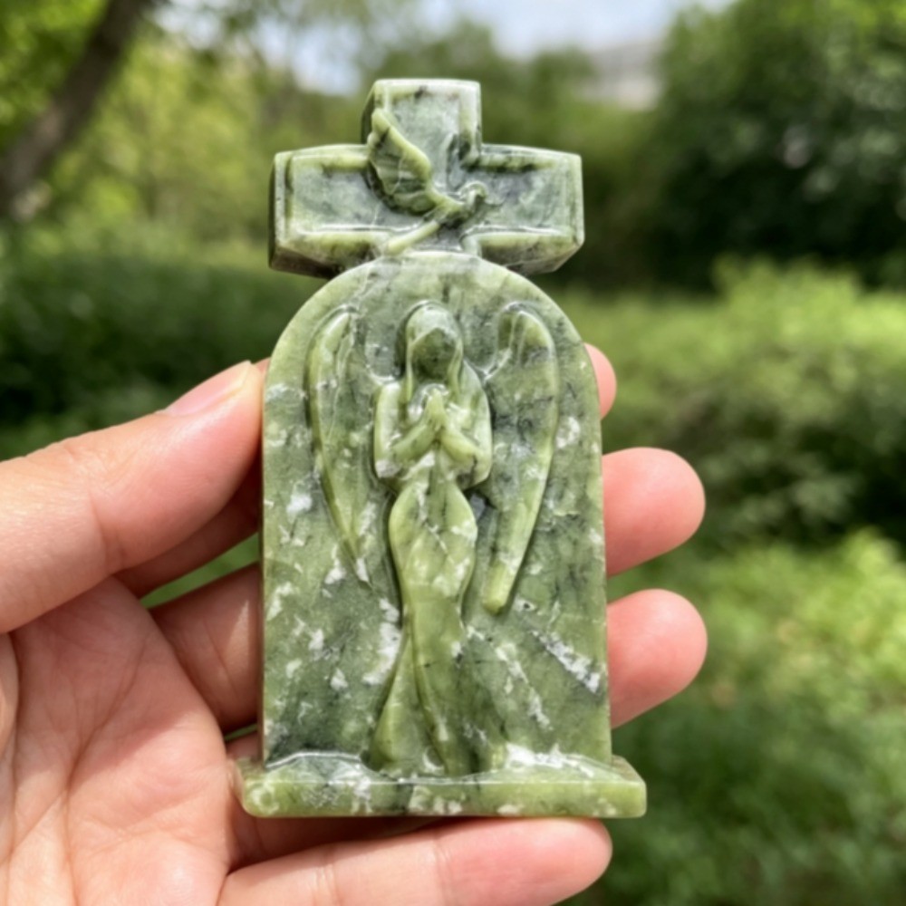 Natural xiuyan Jade Tombstone Angel Carving Figurine Reiki Healing Stone 1pcs