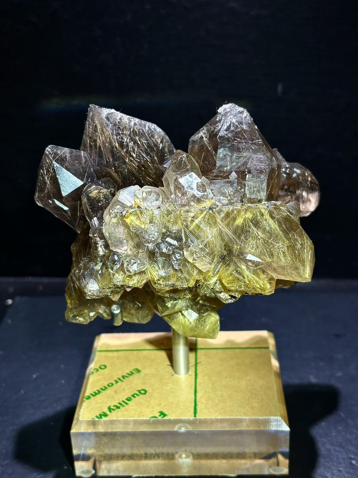 2.9LB Top！Natural Gold Rutilated Crystal Cluster Quartz Mineral Specimen+stand
