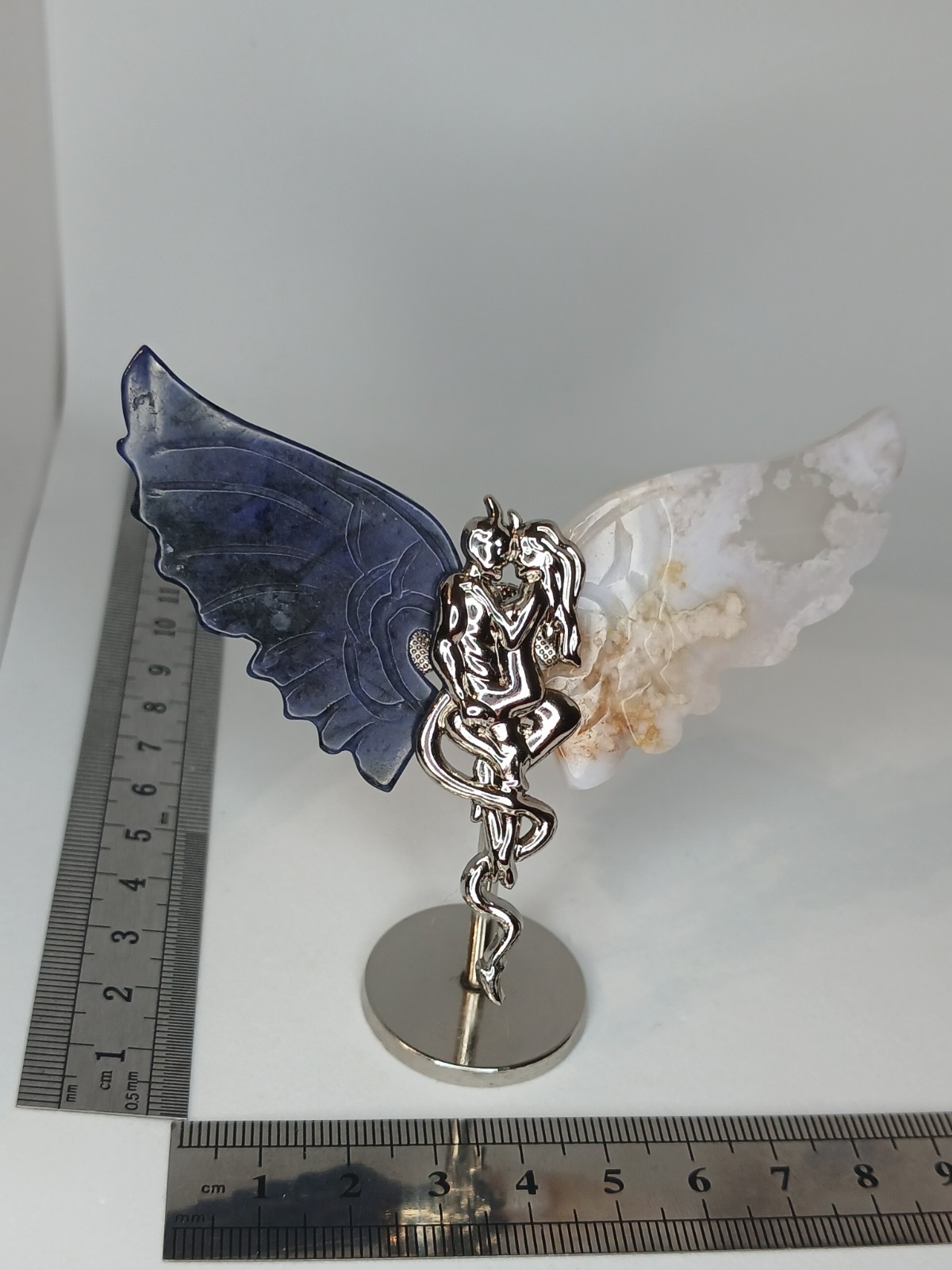 Sodalite & Flower Agate Carved Crystal Angel Devil Wings Stand Collectable