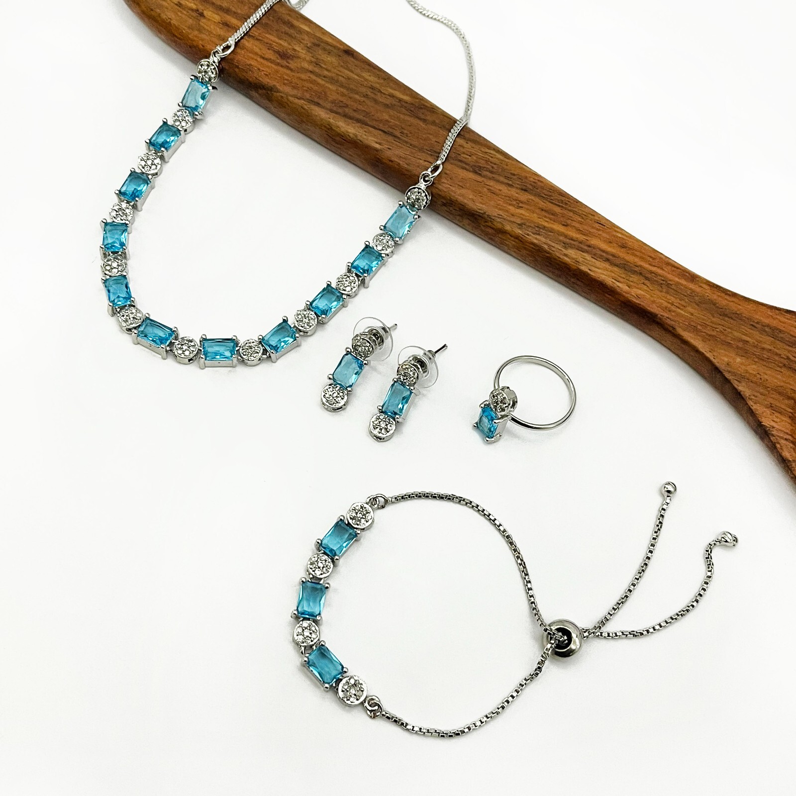 Blue Topaz Jewelry Set Silver Plated Ring Women Bracelet With Necklace Set