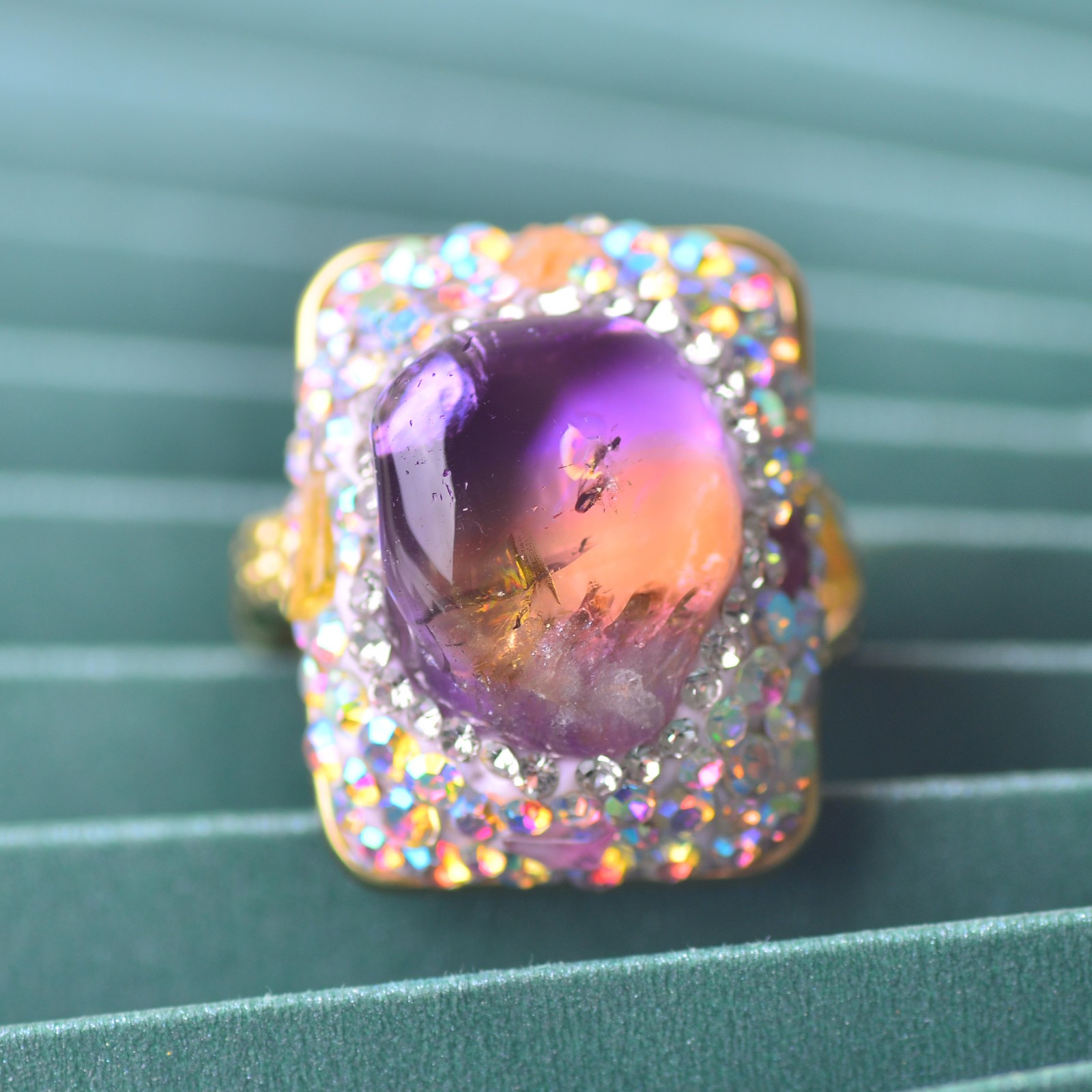 Amethyst and citrine ring, alloy inlaid with handmade gemstone Energy Crystal